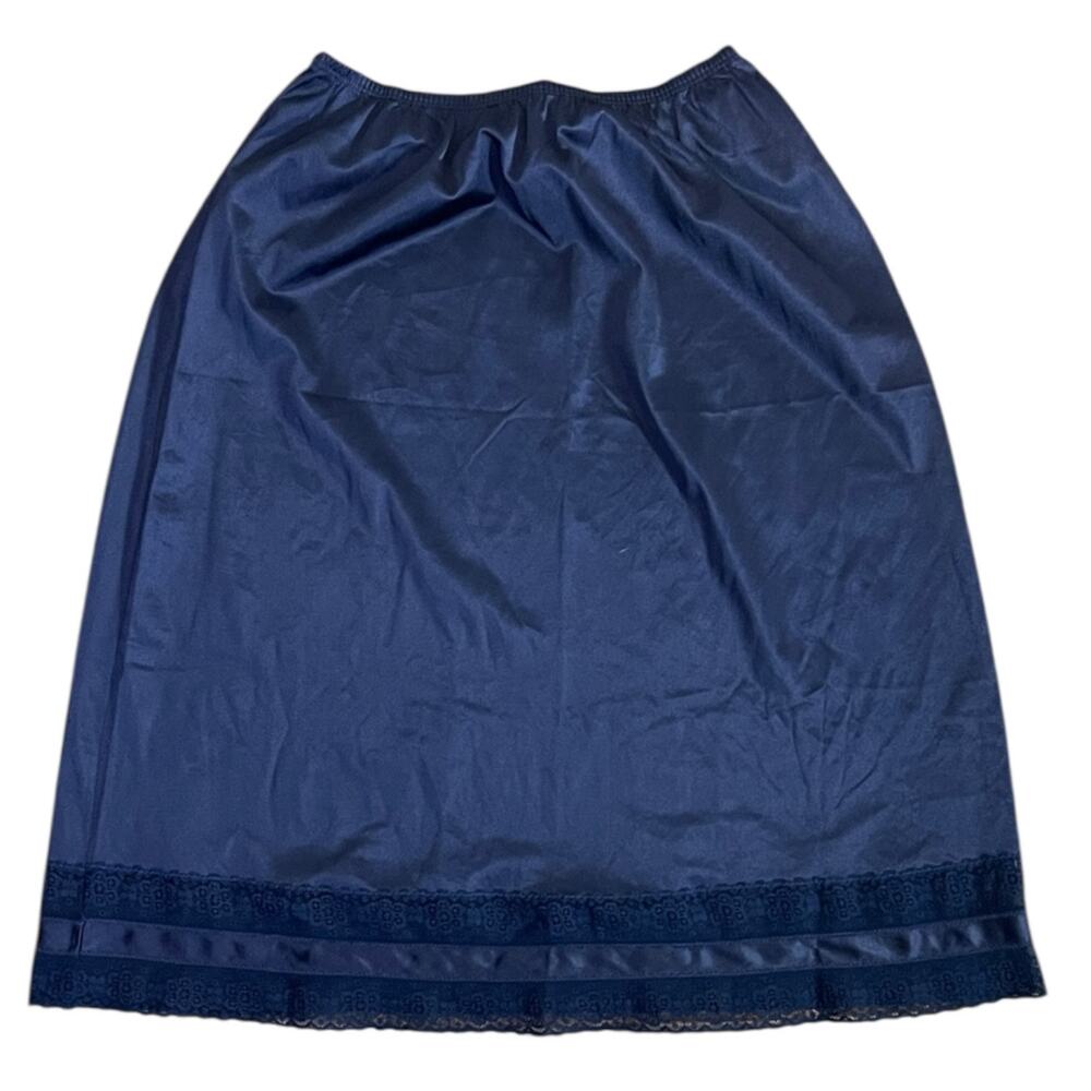 Vintage Navy Blue Nylon Half Slip Skirt Ribbon Double Lace Trim Size 10-12 Small